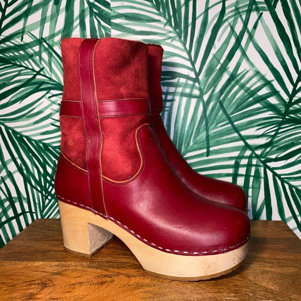 Sweedish Hasbeens Red Leather Shearling Wood Platform Ankle Boots Women’s 39/9 - Picture 1 of 13